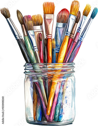 Jar of assorted paintbrushes for painting
 photo