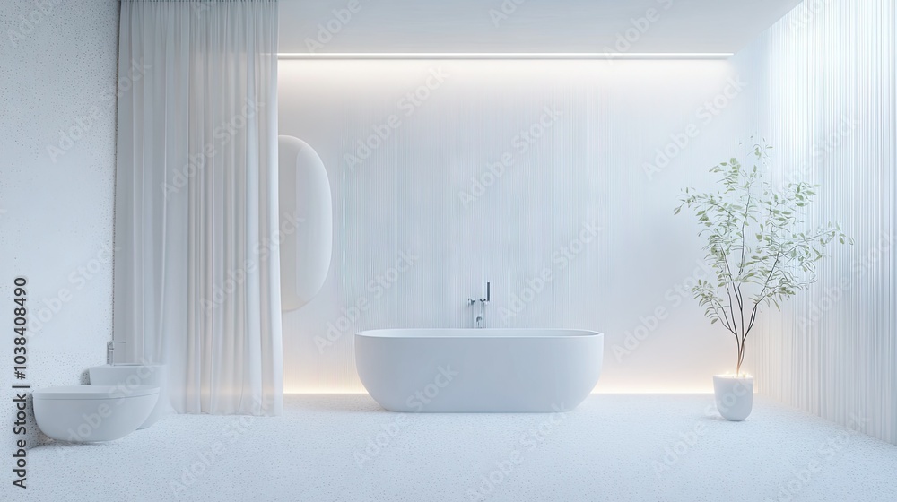 Fototapeta premium Minimalist 3D Bathroom Rendering with Soft Lighting