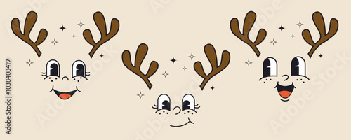 New Year's deer. Cartoon retro characters. Vector illustration, isolated object.