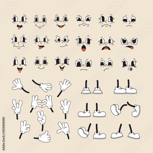 Retro cartoon and comics characters faces, hands in gloves, feet in shoes. Traditional emotions vector elements. Vintage characters creator for trending illustration.