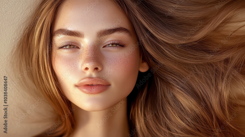 Naklejka premium Gorgeous model with sleek long shiny brown hair Keratin treatment care and spa for a sleek style
