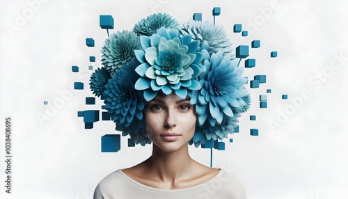 Woman with Thoughtful Expression and Large Head of Bursting Flowers – Symbolizing a Happy and Cheerful State of Mind, Isolated on White Background