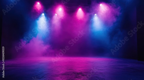 Wallpaper Mural The dark stage shows, empty dark blue, purple, pink background, neon light, spotlights, The asphalt floor and studio room with smoke float up the interior texture for display products Torontodigital.ca