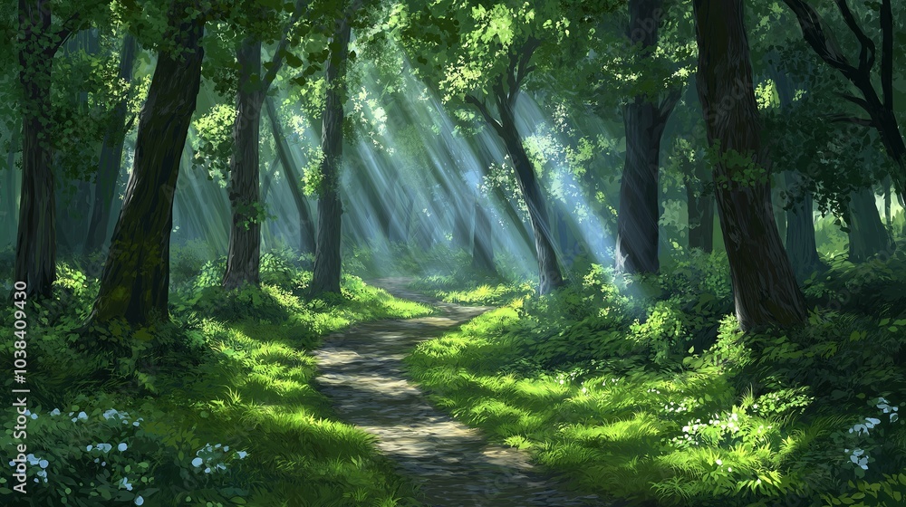 Fototapeta premium Sunlight filtering through a dense forest canopy, creating dappled shadows.