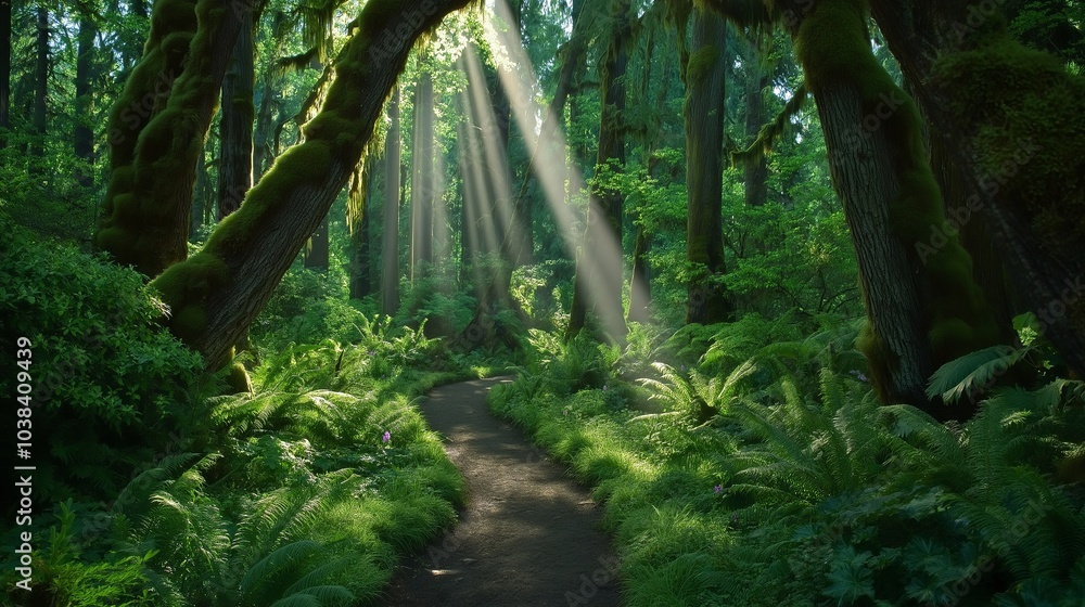 Fototapeta premium Sunlight filtering through a dense forest canopy, creating dappled shadows.