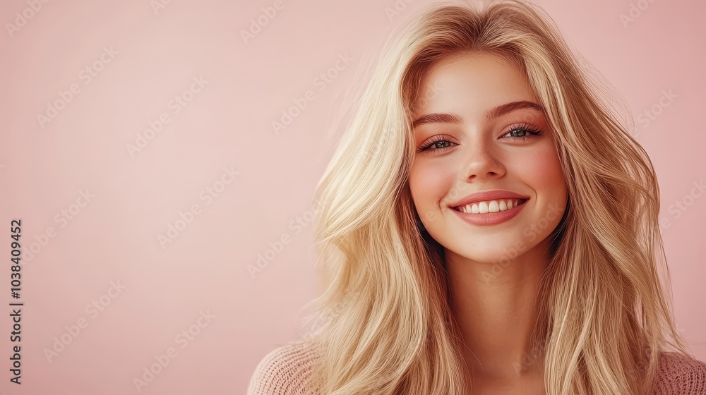 Fototapeta premium Smiling young woman with blonde long groomed hair isolated on pastel flat background with copy space. Blonde hair care products banner template, hair salon.