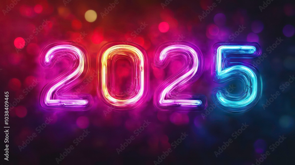 Neon 2025 text on dark background with colorful bokeh lights. Neon 2025 text on dark background with colorful bokeh lights.