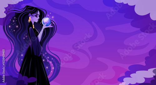 Beautiful woman holding magical glowing ball for predictions and esotericism, seer, flat design for halloween banner. Fortune teller, sorceress or witch. Cartoon vector illustration