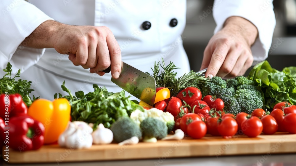 Chef Prepares Fresh Vegetables with Knife on Cutting Board Chef Prepares Fresh Vegetables with Knife on Cutting Board