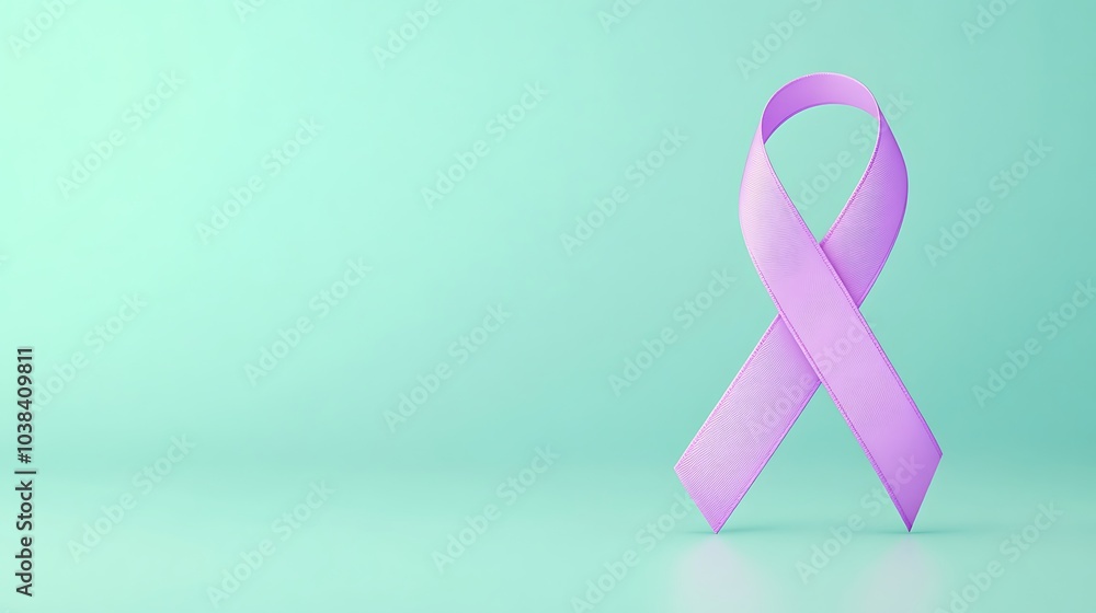 A purple awareness ribbon standing out against a light mint green background, symbolizing cancer awareness, with space for text. A purple awareness ribbon standing out against a light mint green background, symbolizing cancer awareness, with space for text.