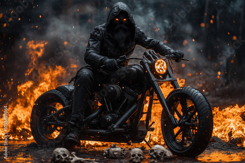 A ghost death riding a chopper motorbike on flames dark background