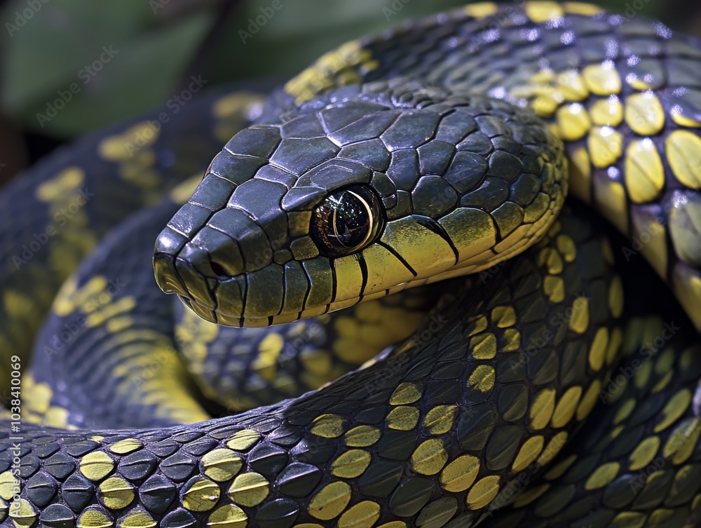 Macro photograph of a snake’s head showing intricate yellow striping and scaly texture Macro photograph of a snake’s head showing intricate yellow striping and scaly texture