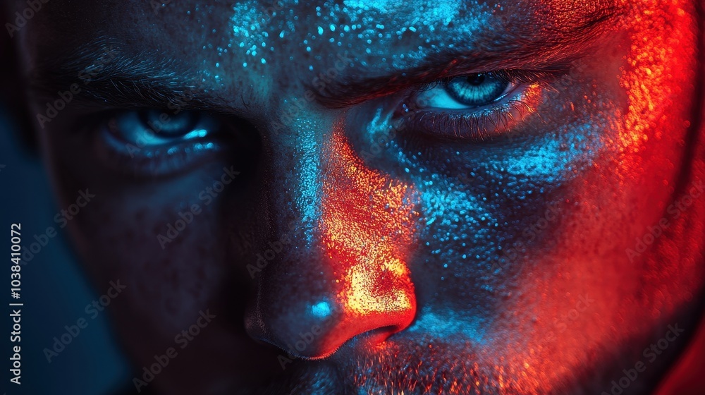 Naklejka premium Close-up portrait of a man with intense blue and red lighting, highlighting facial features and texture.