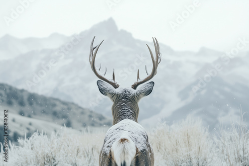 Cute deer in a snowy meadow during a snowfall looking up at the mountains photo