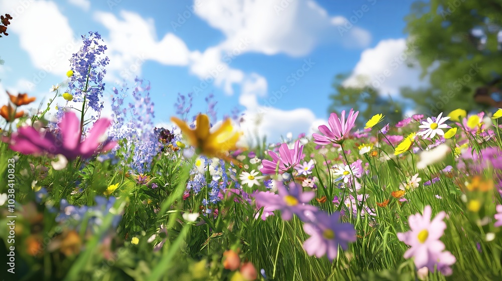 A lush meadow filled with vibrant wildflowers in every shade, from bright yellows to deep purples
