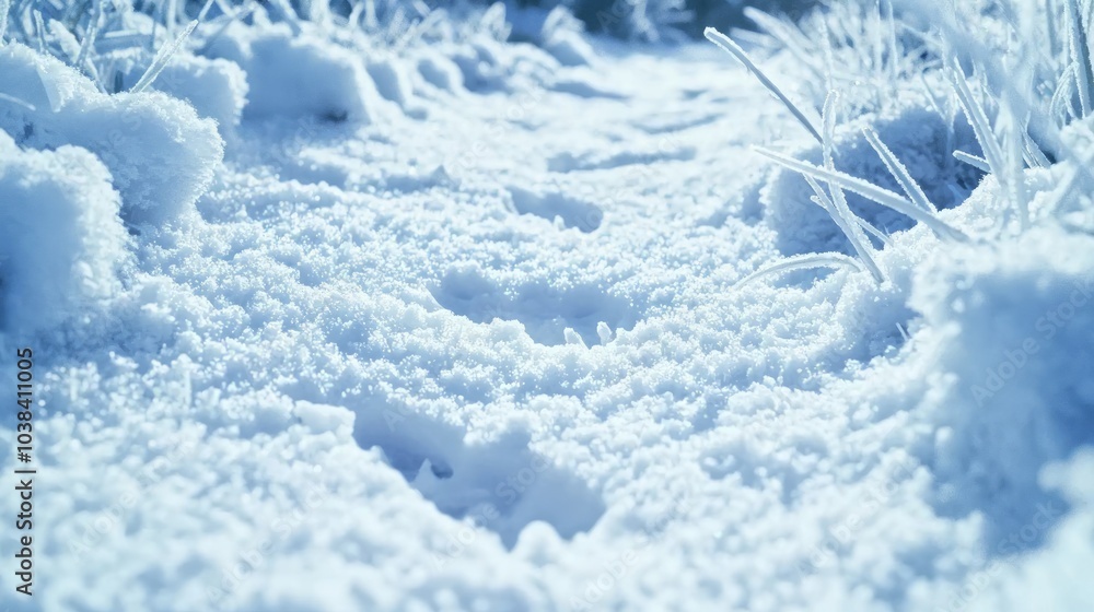 Frozen Traces: Detailed Close-Up of Snow-Covered Animal Track in Ice Age Environment Frozen Traces: Detailed Close-Up of Snow-Covered Animal Track in Ice Age Environment