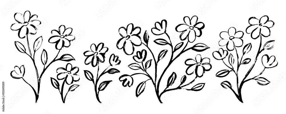 Fototapeta premium Hand drawn plants, flowers. Black and white, monochrome simple botanical silhouettes.