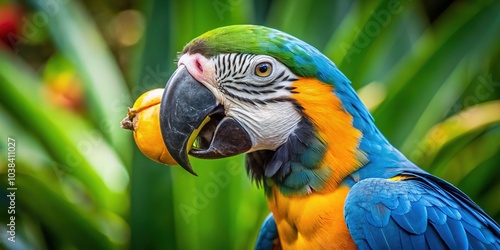 Blue and Gold Macaw Feasting on Fruit - Vibrant Tropical Bird Artwork photo