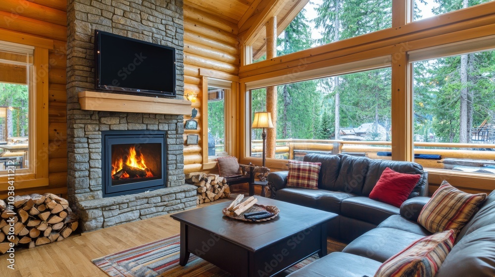 Cozy Log Cabin Living Room with Fireplace Sectional Sofa and Stunning Forest View Cozy Log Cabin Living Room with Fireplace Sectional Sofa and Stunning Forest View