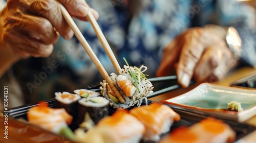 Japanese man eating sushi set with chopsticks photo