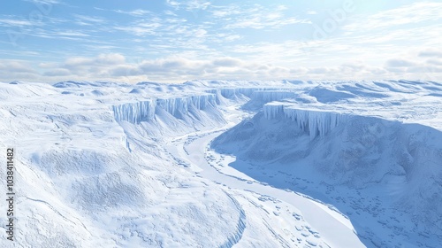 Majestic Ice Age Valley: Stunning View of Snow-Covered Cliffs and Winding River in Ultra-Detailed Photograph