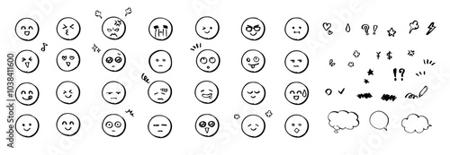 ペンで手描きしたアイコン「にこちゃんマーク」モノクロ喜怒哀楽表情セット＿顔隠しのスタンプにも便利
