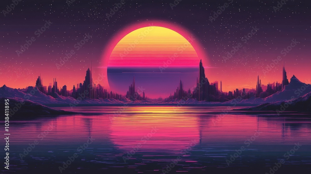Retrofuturistic landscape in 80s sci-fi style. Retro science fiction scene with futuristic buildings. Generated AI. Retrofuturistic landscape in 80s sci-fi style. Retro science fiction scene with futuristic buildings. Generated AI.