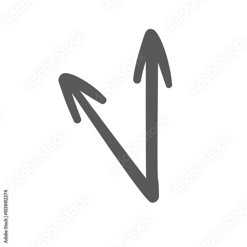 Two arrows on acute angle line icon. Outline hand drawn scribble pointers up from one point. Geometry, road junction, direction mascot, simple doodle arrows with tips up icon vector illustration