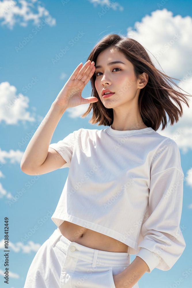 A woman with short hair and a white shirt is standing in front of a blue sky