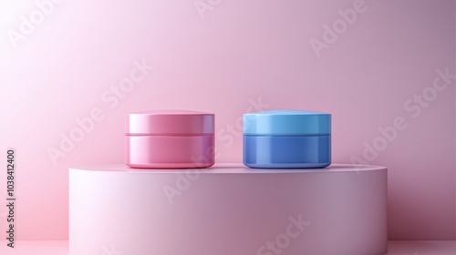 delicate pale pink and blue cosmetics packaging container for skincare, fragrance or toiletry industries on pastel background. Beauty product mock-up. Store shelf. Generative AI technology