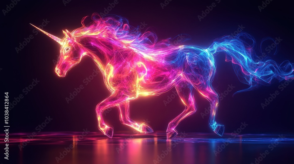 Fototapeta premium Volumetric figure of a unicorn with glowing neon outline. The hoofed mythical animal is running fast. Illustration for cover, card, postcard, interior design, banner, poster, brochure or presentation