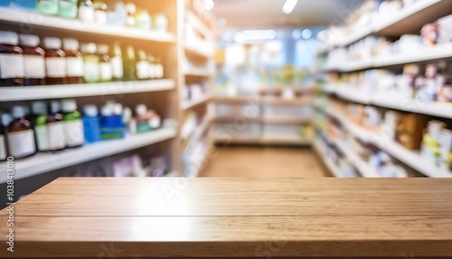 Pharmacy wood table counter with medicines healthcare product arranged on shelves in drugstore blurred defocused background, Pharmacy background