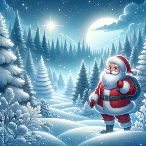 Santa Claus Character Illustration. Happy Christmas or New year Greeting Card and Invitation Design. Positive happy Old Santa Clause Man in Winter Frozen Snowy Forest.