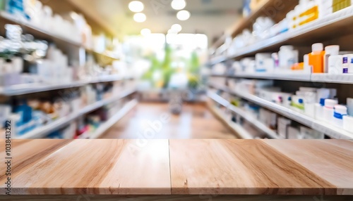 Pharmacy wood table counter with medicines healthcare product arranged on shelves in drugstore blurred defocused background, Pharmacy background