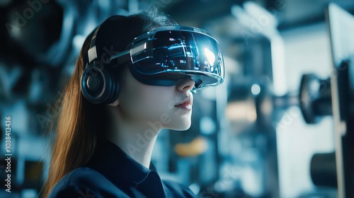 Young woman wearing VR headset and headphones in a futuristic factory setting, engrossed in a virtual experience.