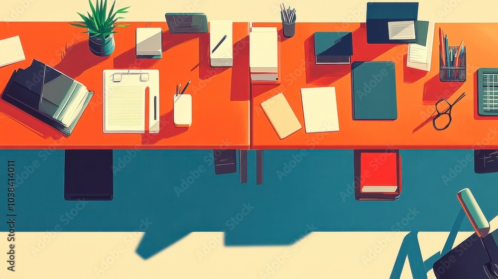 Modern Workspace with Office Supplies and Plants Modern Workspace with Office Supplies and Plants