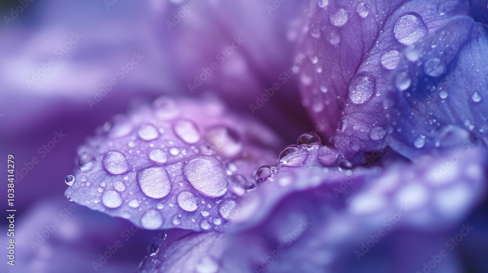 Dew droplets shimmering on a delicate lavender petal, highlighting the soft textures and beauty of nature Dew droplets shimmering on a delicate lavender petal, highlighting the soft textures and beauty of nature