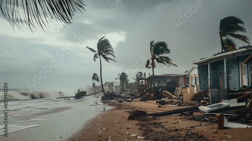 Coastal Town Aftermath: Debris-Laden Streets, Damaged Pier Over Turbulent Ocean, Solitary Resilient Tree Amidst Ruins