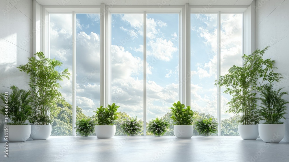 Modern Spacious Interior with Large Windows and Plants Modern Spacious Interior with Large Windows and Plants