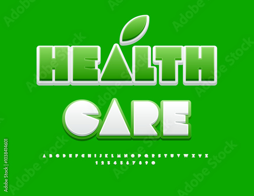 Vector eco emblem Health Care. White and Green Trendy Font. Bright Alphabet Letters and Numbers set.