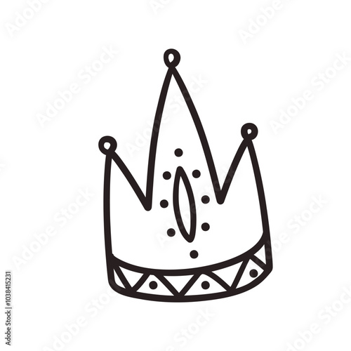 Crown hand drawn doodle line icon. Simple monochrome sketch of classic tiara for head of royal person or winner, medieval crown with teeth and royalty emblem in doodle style vector illustration