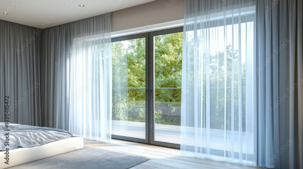 Fototapeta premium Modern Stylish Bedroom with Large Windows and Curtains