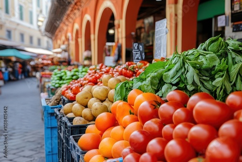 Old town market with vibrant stalls under ornate arches, Classic marketplace, Cultural heritage photo