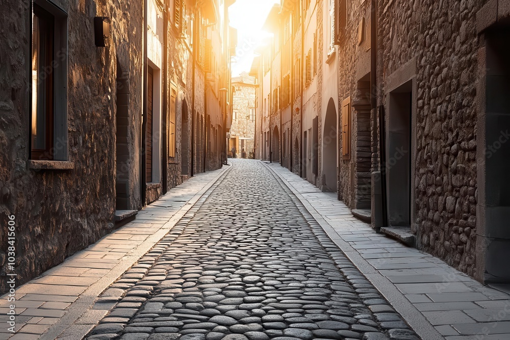 A narrow cobblestone alley in a historic old town is warmly lit by the setting sun, surrounded by stone buildings, creating a peaceful and timeless atmosphere A narrow cobblestone alley in a historic old town is warmly lit by the setting sun, surrounded by stone buildings, creating a peaceful and timeless atmosphere