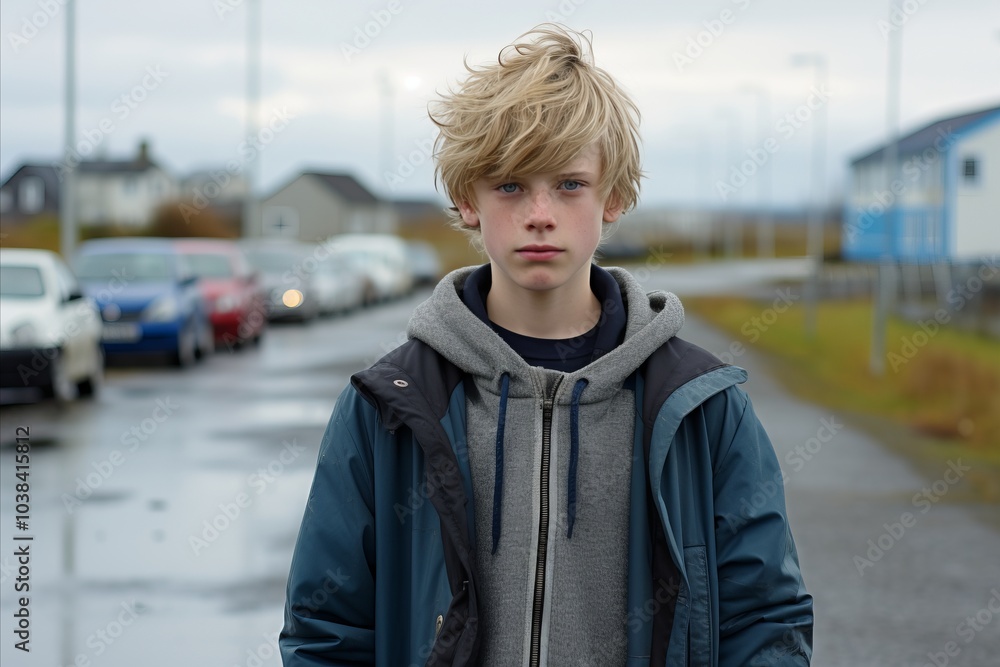 Fototapeta premium young person stands outside on wet street.