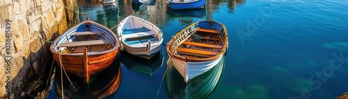 Wallpaper Mural A group of colorful wooden rowboats is docked by a stone wall in crystal-clear blue water, creating a tranquil and picturesque seaside scene. Torontodigital.ca