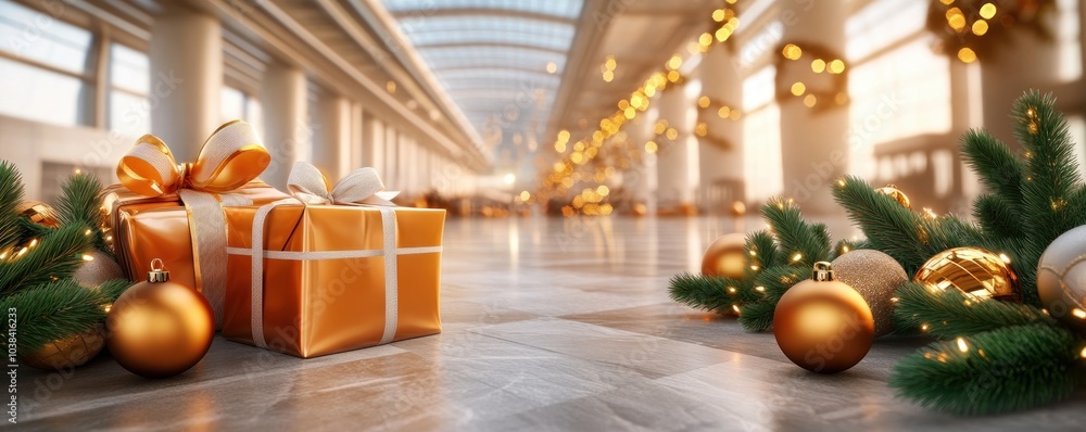 Fototapeta premium Festive Spirit Fills the Airport as Travelers Head Off on Holiday Flights Capture the Joy of Holiday Travel Cheer with Festive Decorations, Gift Wrapped Presents, and the Excitement of a New Adventure