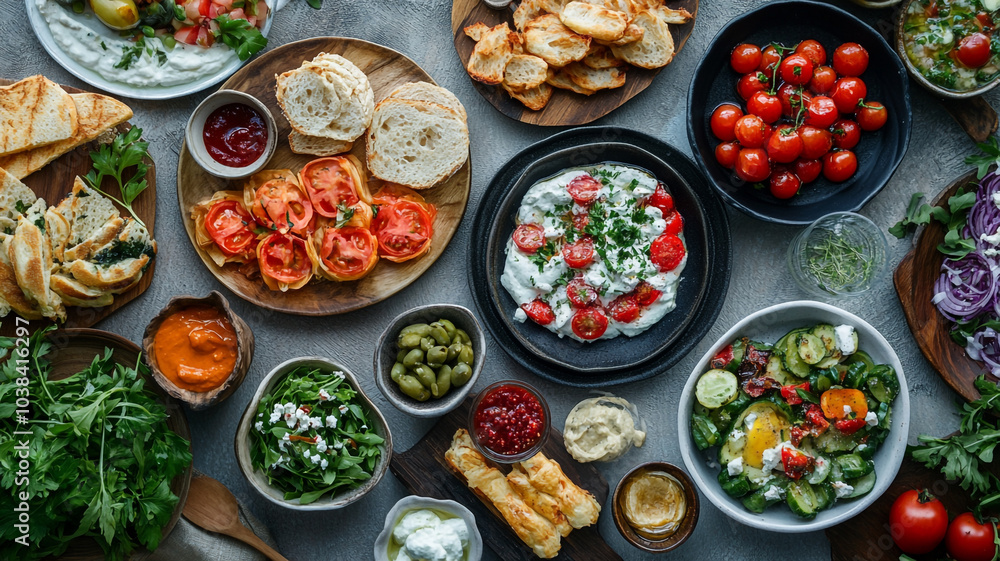 A vibrant assortment of Mediterranean dishes showcased on a rustic table during a gathering A vibrant assortment of Mediterranean dishes showcased on a rustic table during a gathering