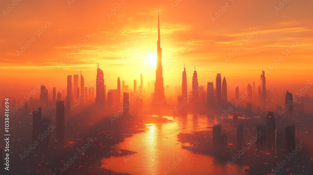 Stunning Dubai Skyline at Sunset - Cityscape with Iconic Buildings and Beautiful Colors Stunning Dubai Skyline at Sunset - Cityscape with Iconic Buildings and Beautiful Colors