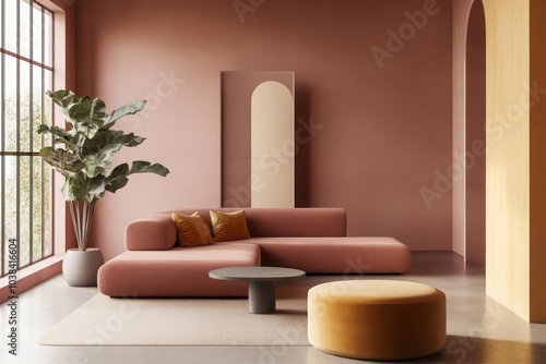 A minimalist interior design featuring furniture and decor in ash pink and yellow brown colors, creating a trendy and sophisticated look photo